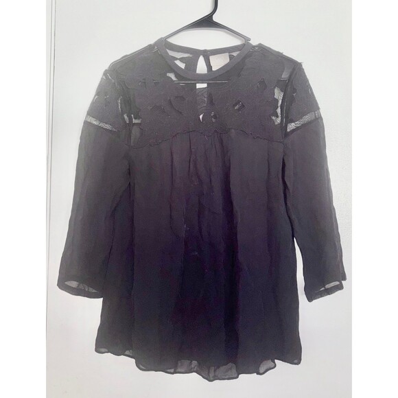 VANESSA VIRGINIA Anthro Black Sheer Tunic Blouse w/Lace Applique 3/4 Sleeves 2 - Picture 2 of 5